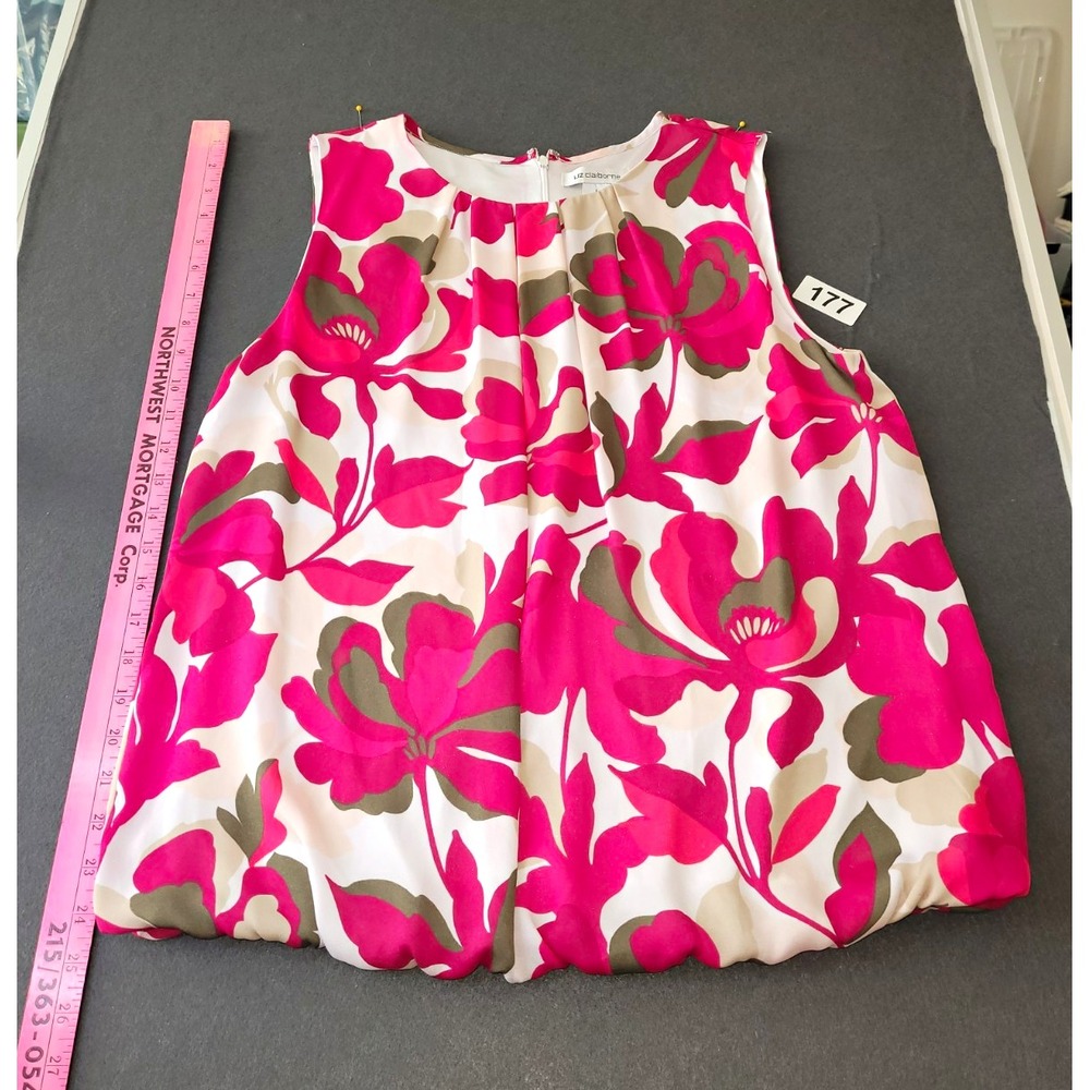Liz Claiborne Pink Floral Blouson Dress Lined Pleated Round Sleeveless Zip L